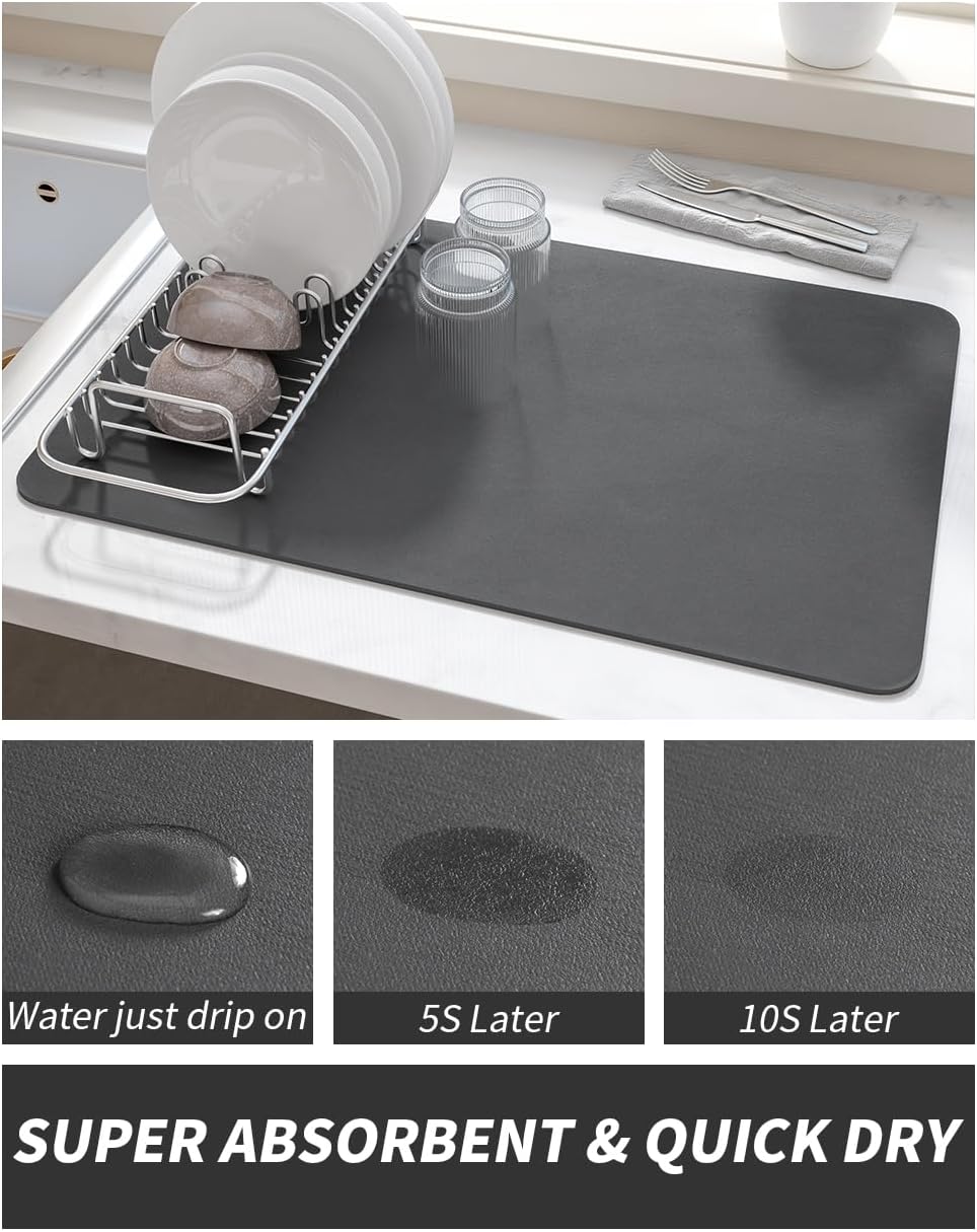 Coffee Mat Dish Drying Mat for Kitchen Counter-Bar Accessories, Hide Stain, Rubber Backed, Absorbent, Fit Under Coffee Maker, Espresso Machine, Pot, Dish Rack, 12"x19", Dark Grey