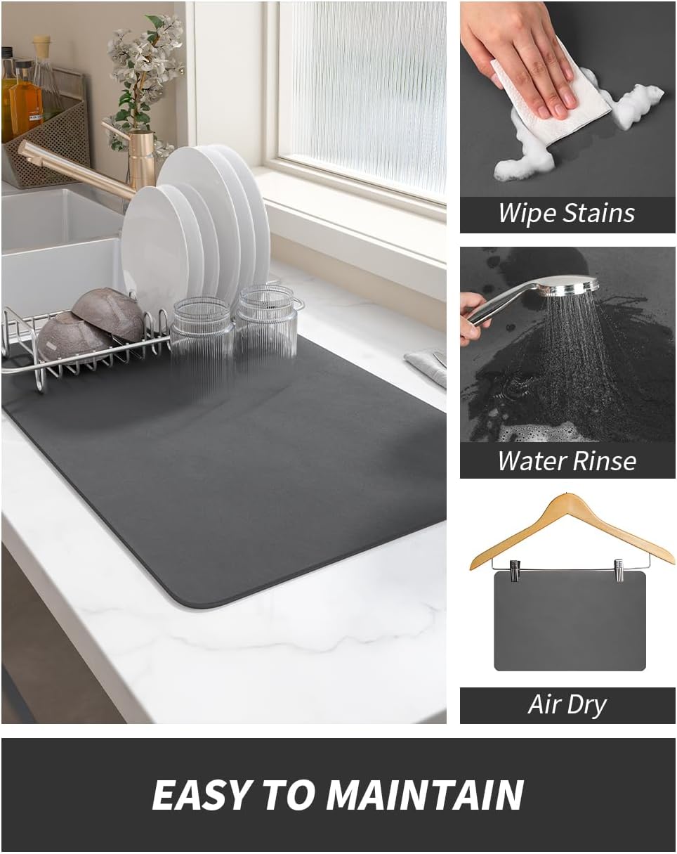 Coffee Mat Dish Drying Mat for Kitchen Counter-Bar Accessories, Hide Stain, Rubber Backed, Absorbent, Fit Under Coffee Maker, Espresso Machine, Pot, Dish Rack, 12"x19", Dark Grey