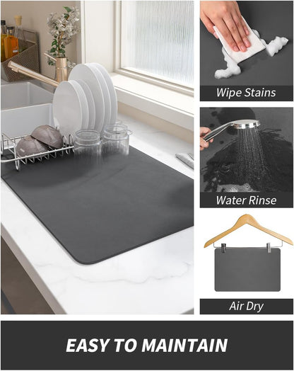 Coffee Mat Dish Drying Mat for Kitchen Counter-Bar Accessories, Hide Stain, Rubber Backed, Absorbent, Fit Under Coffee Maker, Espresso Machine, Pot, Dish Rack, 12"x19", Dark Grey