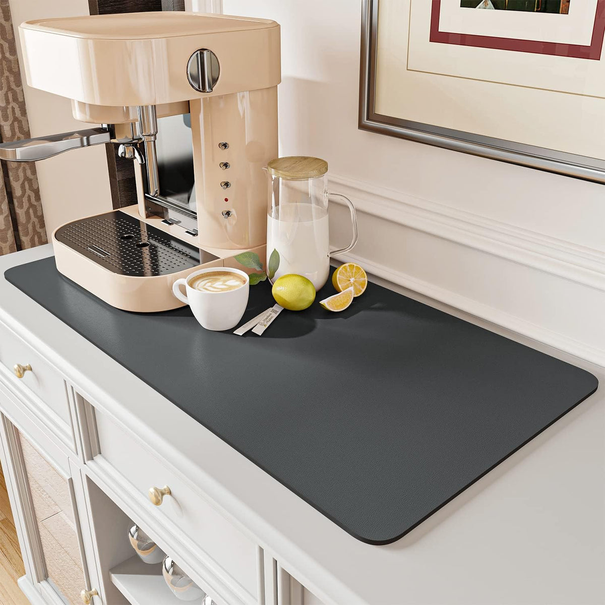 Coffee Mat Dish Drying Mat for Kitchen Counter-Bar Accessories, Hide Stain, Rubber Backed, Absorbent, Fit Under Coffee Maker, Espresso Machine, Pot, Dish Rack, 12"x19", Dark Grey