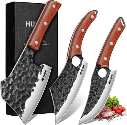 Huusk Butcher Knife Set of 3 - Meat Cleaver Knife Set for Meat Processing