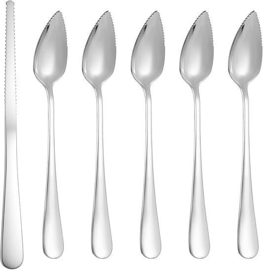 5PCS Grapefruit Spoons & 1 Knife - Stainless Steel Grapefruit Flatware with Serrated Edge, Curved Cutting Silverware Set for Fruit Kiwi Orange, Small Multi-Functional Spoons for Camping Kitchenware