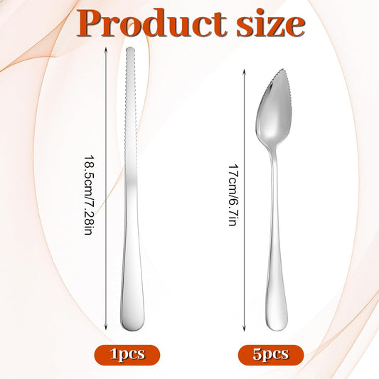 5PCS Grapefruit Spoons & 1 Knife - Stainless Steel Grapefruit Flatware with Serrated Edge, Curved Cutting Silverware Set for Fruit Kiwi Orange, Small Multi-Functional Spoons for Camping Kitchenware