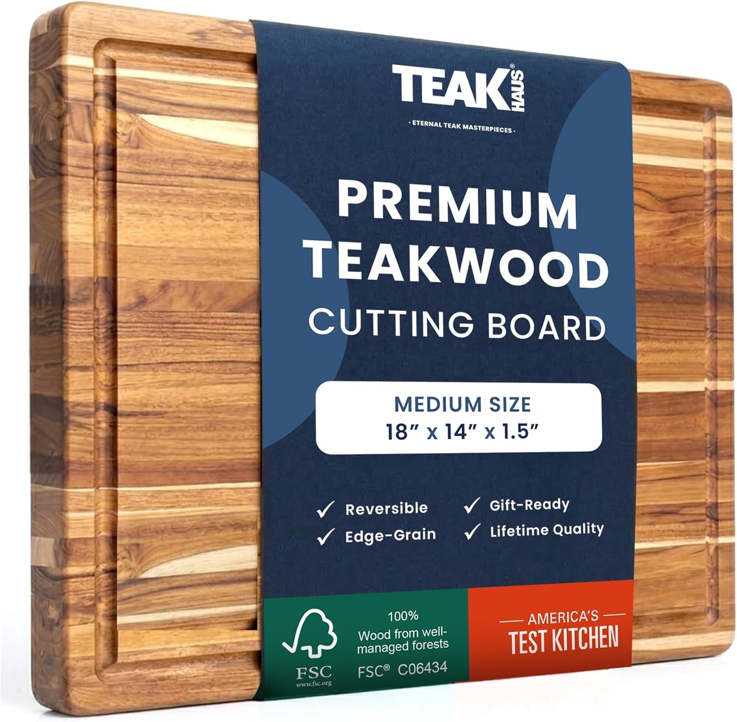 Carving Board with Juice Groove - Medium (M) Teak Wood Cutting Board 18”L x 14”W x 1” Thick - Lightweight, Sustainably Harvested & FSC Certified - Knife Friendly with Beeswax Oil Finish