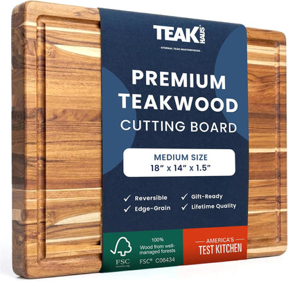 Carving Board with Juice Groove - Medium (M) Teak Wood Cutting Board 18”L x 14”W x 1” Thick - Lightweight, Sustainably Harvested & FSC Certified - Knife Friendly with Beeswax Oil Finish