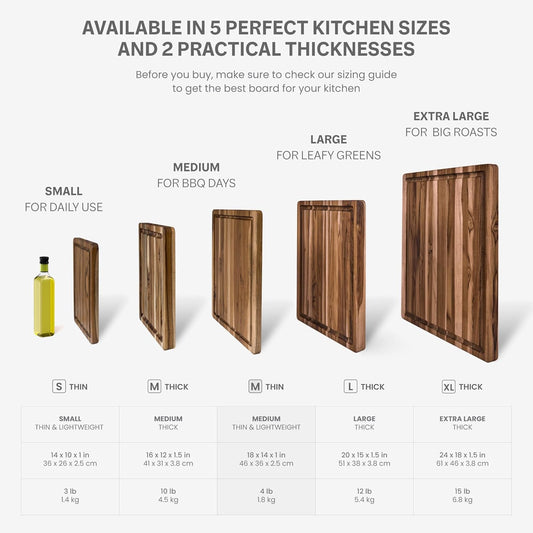 Carving Board with Juice Groove - Medium (M) Teak Wood Cutting Board 18”L x 14”W x 1” Thick - Lightweight, Sustainably Harvested & FSC Certified - Knife Friendly with Beeswax Oil Finish