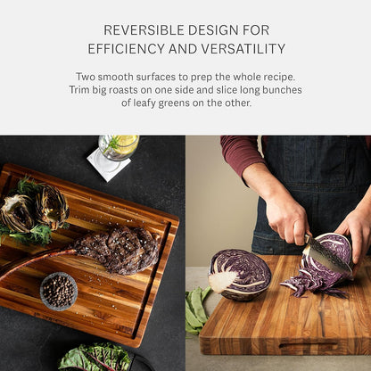 Carving Board with Juice Groove - Medium (M) Teak Wood Cutting Board 18”L x 14”W x 1” Thick - Lightweight, Sustainably Harvested & FSC Certified - Knife Friendly with Beeswax Oil Finish