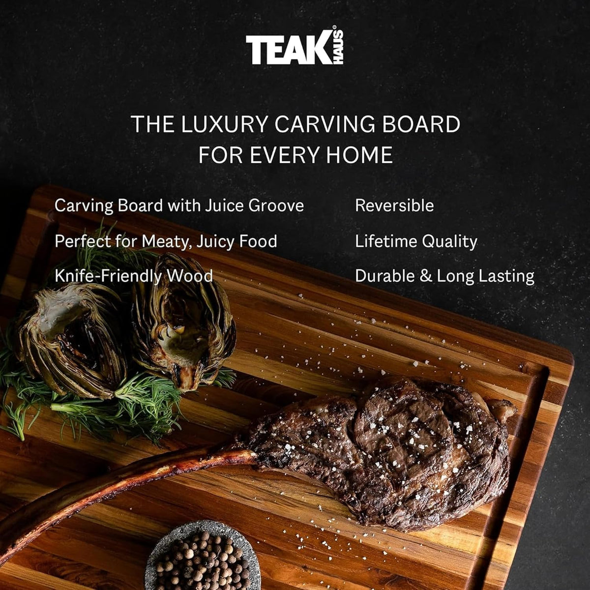 Carving Board with Juice Groove - Medium (M) Teak Wood Cutting Board 18”L x 14”W x 1” Thick - Lightweight, Sustainably Harvested & FSC Certified - Knife Friendly with Beeswax Oil Finish