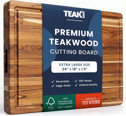Carving Board with Juice Groove - Medium (M) Teak Wood Cutting Board 18”L x 14”W x 1” Thick - Lightweight, Sustainably Harvested & FSC Certified - Knife Friendly with Beeswax Oil Finish