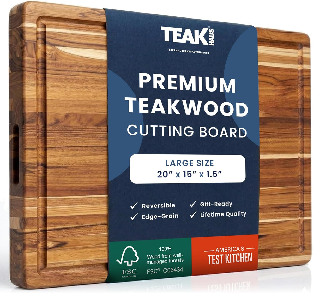Carving Board with Juice Groove - Medium (M) Teak Wood Cutting Board 18”L x 14”W x 1” Thick - Lightweight, Sustainably Harvested & FSC Certified - Knife Friendly with Beeswax Oil Finish