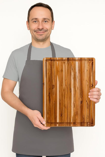 Carving Board with Juice Groove - Medium (M) Teak Wood Cutting Board 18”L x 14”W x 1” Thick - Lightweight, Sustainably Harvested & FSC Certified - Knife Friendly with Beeswax Oil Finish