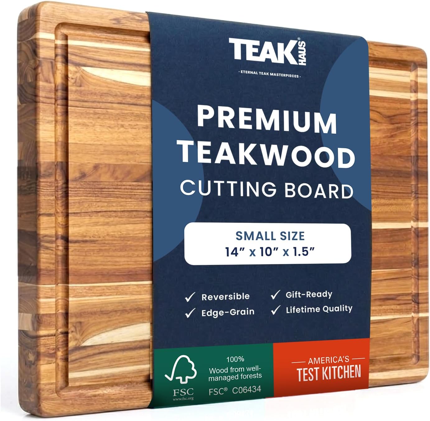 Carving Board with Juice Groove - Medium (M) Teak Wood Cutting Board 18”L x 14”W x 1” Thick - Lightweight, Sustainably Harvested & FSC Certified - Knife Friendly with Beeswax Oil Finish