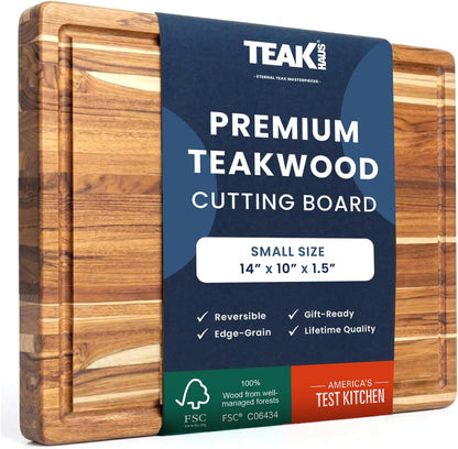 Carving Board with Juice Groove - Medium (M) Teak Wood Cutting Board 18”L x 14”W x 1” Thick - Lightweight, Sustainably Harvested & FSC Certified - Knife Friendly with Beeswax Oil Finish