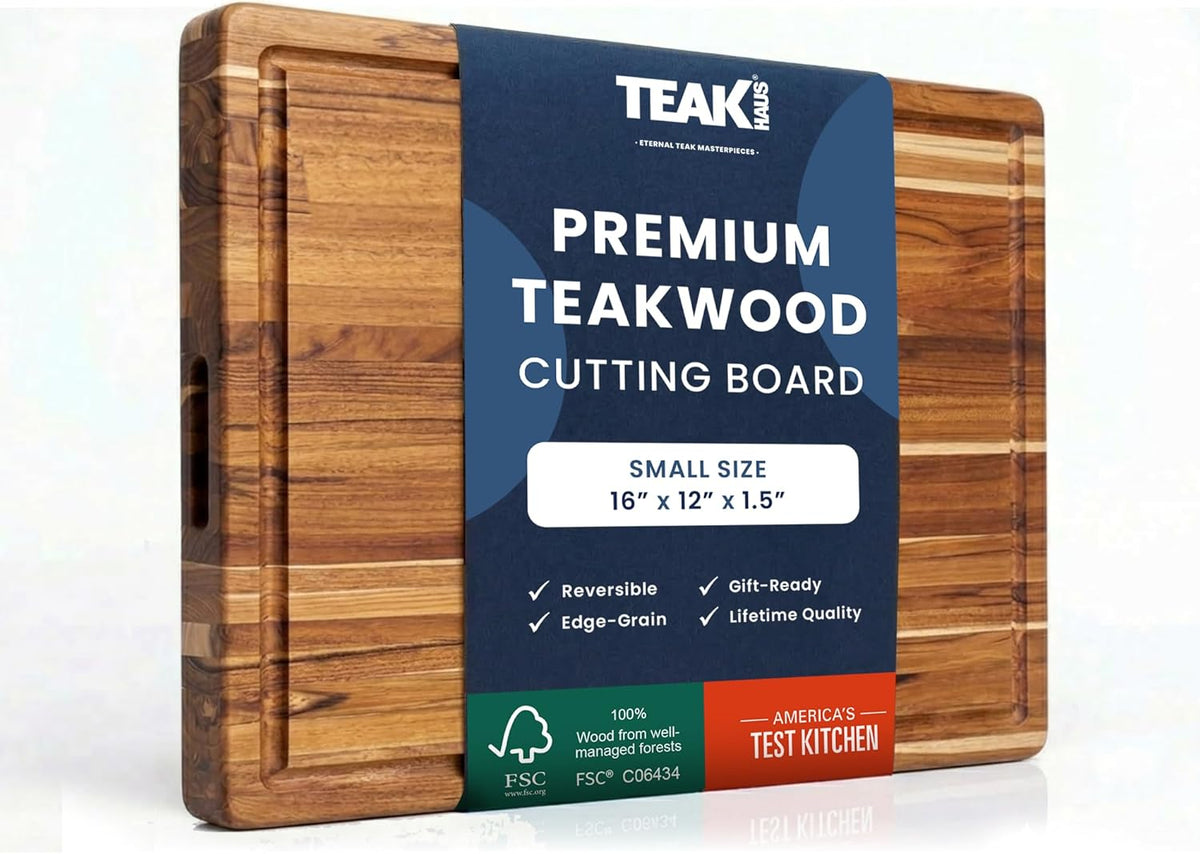 Carving Board with Juice Groove - Medium (M) Teak Wood Cutting Board 18”L x 14”W x 1” Thick - Lightweight, Sustainably Harvested & FSC Certified - Knife Friendly with Beeswax Oil Finish