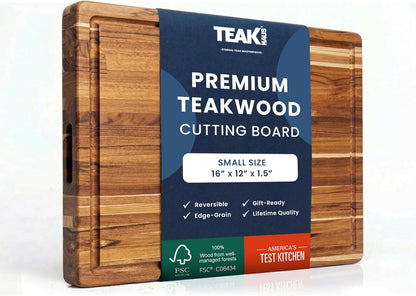 Carving Board with Juice Groove - Medium (M) Teak Wood Cutting Board 18”L x 14”W x 1” Thick - Lightweight, Sustainably Harvested & FSC Certified - Knife Friendly with Beeswax Oil Finish