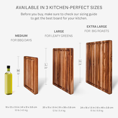 Carving Board with Juice Groove - Medium (M) Teak Wood Cutting Board 18”L x 14”W x 1” Thick - Lightweight, Sustainably Harvested & FSC Certified - Knife Friendly with Beeswax Oil Finish
