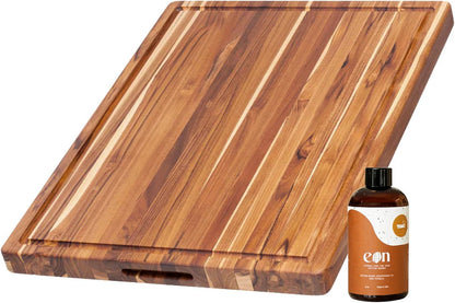 Carving Board with Juice Groove - Medium (M) Teak Wood Cutting Board 18”L x 14”W x 1” Thick - Lightweight, Sustainably Harvested & FSC Certified - Knife Friendly with Beeswax Oil Finish