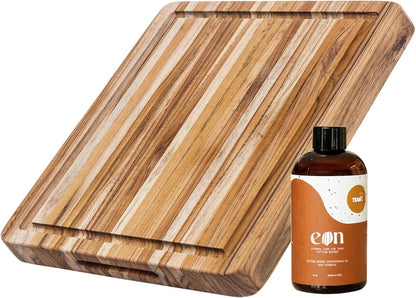 Carving Board with Juice Groove - Medium (M) Teak Wood Cutting Board 18”L x 14”W x 1” Thick - Lightweight, Sustainably Harvested & FSC Certified - Knife Friendly with Beeswax Oil Finish