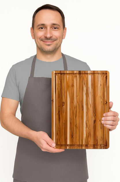 Carving Board with Juice Groove - Medium (M) Teak Wood Cutting Board 18”L x 14”W x 1” Thick - Lightweight, Sustainably Harvested & FSC Certified - Knife Friendly with Beeswax Oil Finish