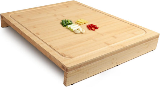 18.1x21.3 Inch Large Bamboo Cutting Board | 2 Detachable Support Panels | Reversible Juice Grooves | Stovetop & Dishwasher Cover | Over Sink | Tray and Carving Board