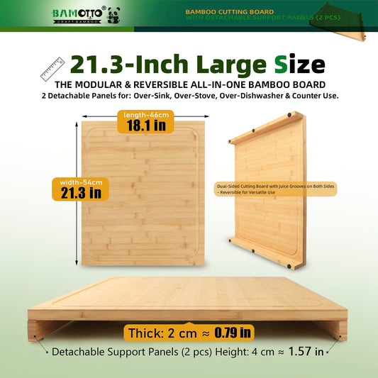 18.1x21.3 Inch Large Bamboo Cutting Board | 2 Detachable Support Panels | Reversible Juice Grooves | Stovetop & Dishwasher Cover | Over Sink | Tray and Carving Board