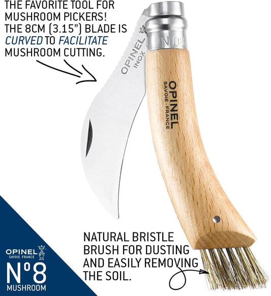 No. 08 Mushroom Knife – Pick + Clean Mushrooms, Beechwood Handle, Integrated Brush, Curved Sandvik Steel Blade, Made in France
