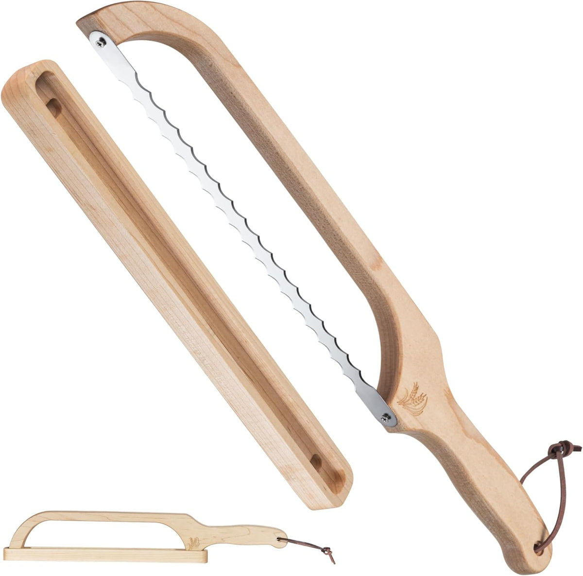Bread Knife with Wooden Tray, Double Handed16.5 Serrated Sourdough Bread Knife, Premium Bow Slicer for Homemade Bread, Bagels & Loaf, Stainless Steel Cutter with Storage Stand - Birch