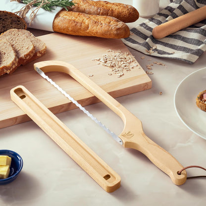 Bread Knife with Wooden Tray, Double Handed16.5 Serrated Sourdough Bread Knife, Premium Bow Slicer for Homemade Bread, Bagels & Loaf, Stainless Steel Cutter with Storage Stand - Birch
