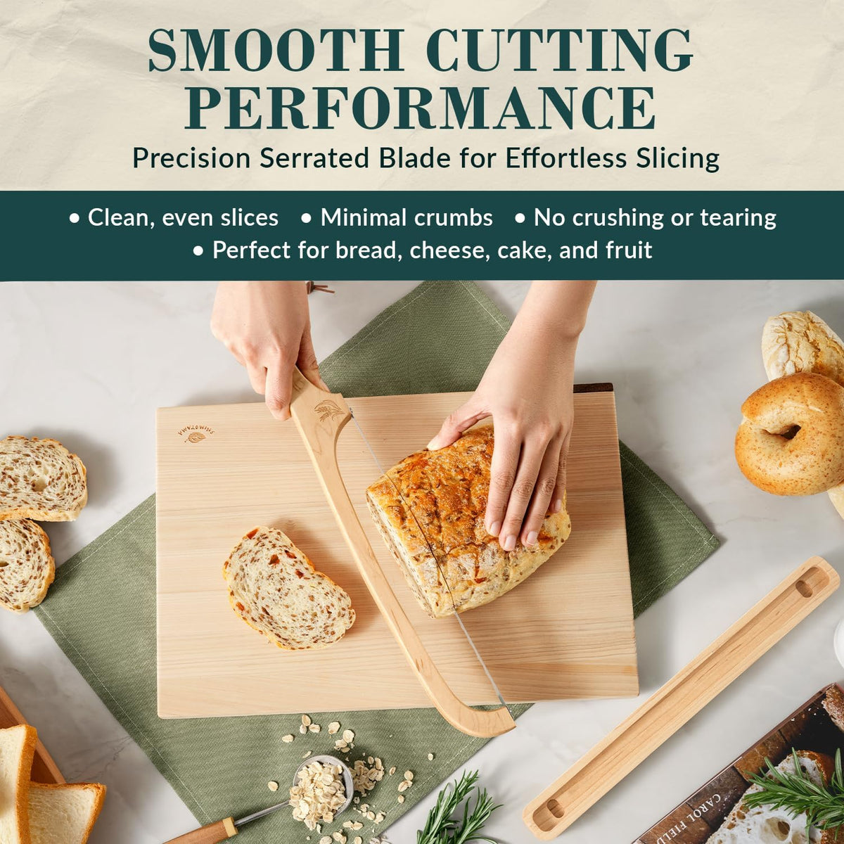 Bread Knife with Wooden Tray, Double Handed16.5 Serrated Sourdough Bread Knife, Premium Bow Slicer for Homemade Bread, Bagels & Loaf, Stainless Steel Cutter with Storage Stand - Birch