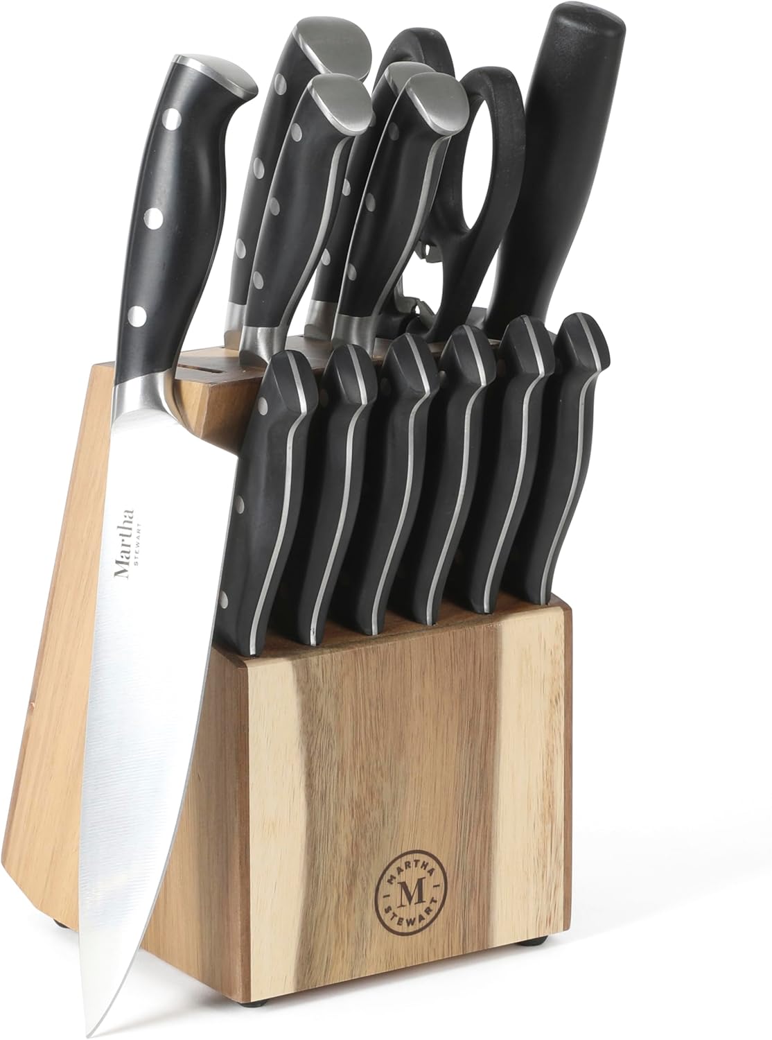 Greeley Forged High Carbon Stainless Steel 14 Piece Knife Block Set, Black Kitchen Knife Set with Acacia Wood Block, Chef Knife, Bread Knife, Steak Knives