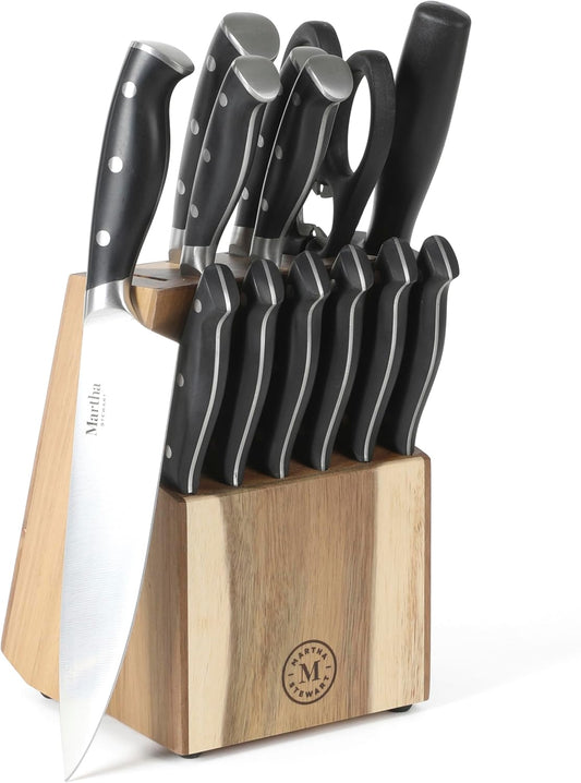 Greeley Forged High Carbon Stainless Steel 14 Piece Knife Block Set, Black Kitchen Knife Set with Acacia Wood Block, Chef Knife, Bread Knife, Steak Knives