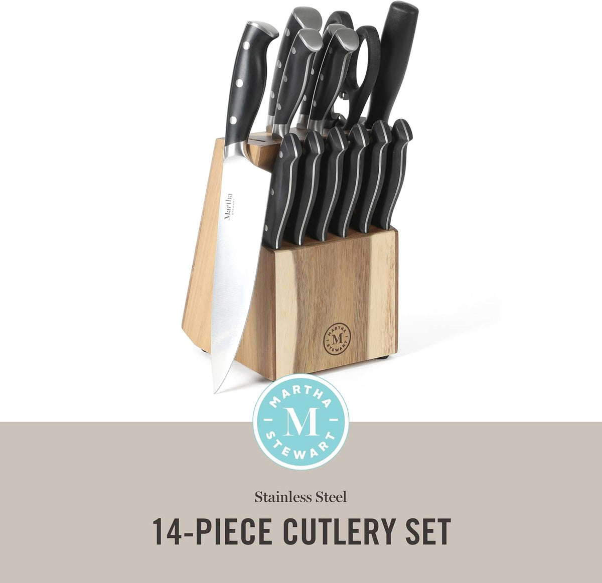 Greeley Forged High Carbon Stainless Steel 14 Piece Knife Block Set, Black Kitchen Knife Set with Acacia Wood Block, Chef Knife, Bread Knife, Steak Knives