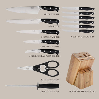 Greeley Forged High Carbon Stainless Steel 14 Piece Knife Block Set, Black Kitchen Knife Set with Acacia Wood Block, Chef Knife, Bread Knife, Steak Knives