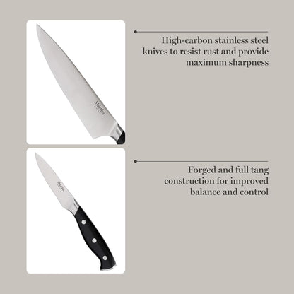 Greeley Forged High Carbon Stainless Steel 14 Piece Knife Block Set, Black Kitchen Knife Set with Acacia Wood Block, Chef Knife, Bread Knife, Steak Knives