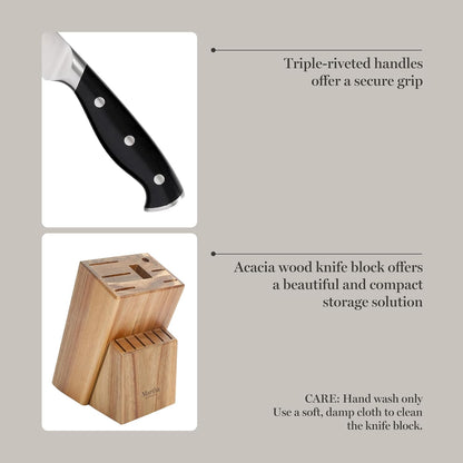 Greeley Forged High Carbon Stainless Steel 14 Piece Knife Block Set, Black Kitchen Knife Set with Acacia Wood Block, Chef Knife, Bread Knife, Steak Knives
