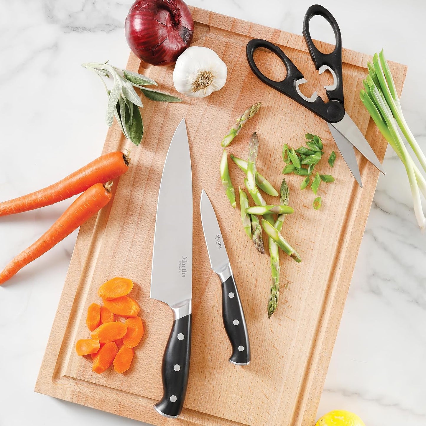 Greeley Forged High Carbon Stainless Steel 14 Piece Knife Block Set, Black Kitchen Knife Set with Acacia Wood Block, Chef Knife, Bread Knife, Steak Knives
