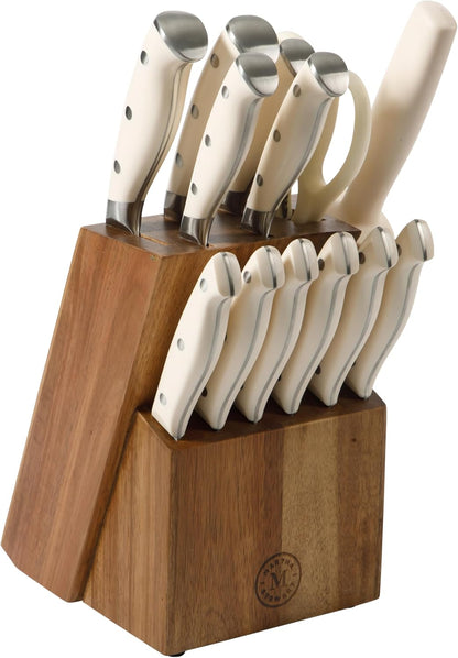 Greeley Forged High Carbon Stainless Steel 14 Piece Knife Block Set, Black Kitchen Knife Set with Acacia Wood Block, Chef Knife, Bread Knife, Steak Knives
