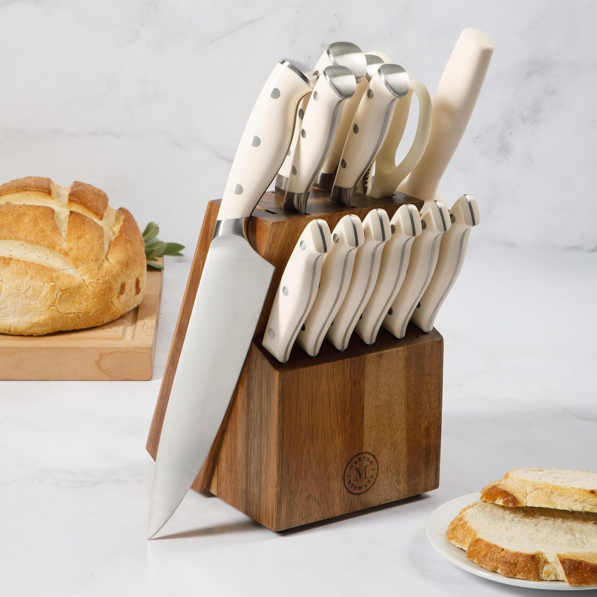 Greeley Forged High Carbon Stainless Steel 14 Piece Knife Block Set, Black Kitchen Knife Set with Acacia Wood Block, Chef Knife, Bread Knife, Steak Knives
