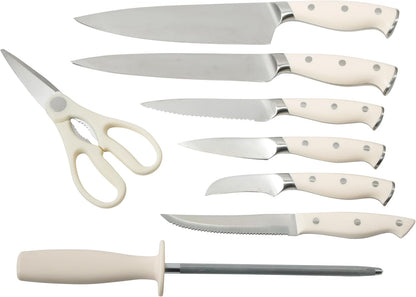 Greeley Forged High Carbon Stainless Steel 14 Piece Knife Block Set, Black Kitchen Knife Set with Acacia Wood Block, Chef Knife, Bread Knife, Steak Knives