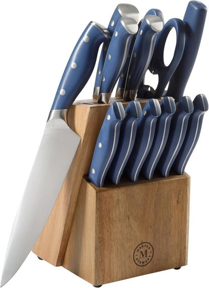 Greeley Forged High Carbon Stainless Steel 14 Piece Knife Block Set, Black Kitchen Knife Set with Acacia Wood Block, Chef Knife, Bread Knife, Steak Knives