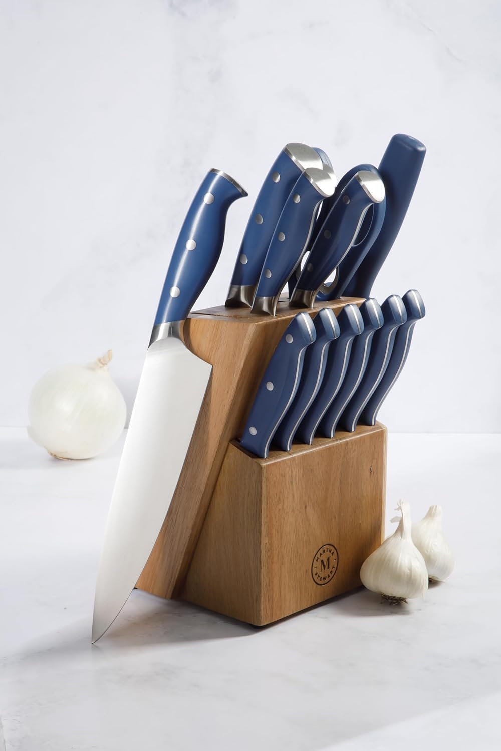 Greeley Forged High Carbon Stainless Steel 14 Piece Knife Block Set, Black Kitchen Knife Set with Acacia Wood Block, Chef Knife, Bread Knife, Steak Knives