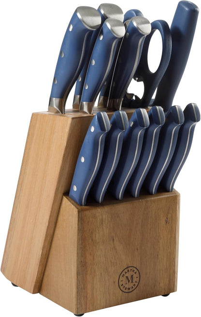 Greeley Forged High Carbon Stainless Steel 14 Piece Knife Block Set, Black Kitchen Knife Set with Acacia Wood Block, Chef Knife, Bread Knife, Steak Knives