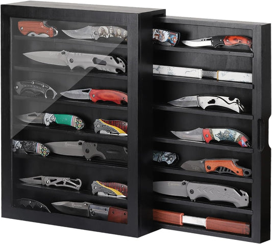 Knife & Medals Display Case,7 Rows,AHK-070 | Military Folding Knife Shadow Box,Wall Mount or Tabletop,Large Capacity,Removable Shelves & Side Drawer