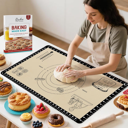 Silicone Baking Mat with 10 Recipes, Extra Thick Silicone Mats for Baking, Non Stick Pastry Mat,Reusable kneading Dough Rolling Mat for Cookie, Macaron, Bread, Pizza