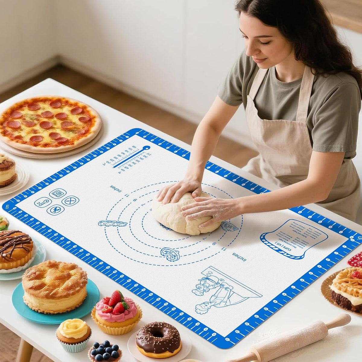 Silicone Baking Mat with 10 Recipes, Extra Thick Silicone Mats for Baking, Non Stick Pastry Mat,Reusable kneading Dough Rolling Mat for Cookie, Macaron, Bread, Pizza