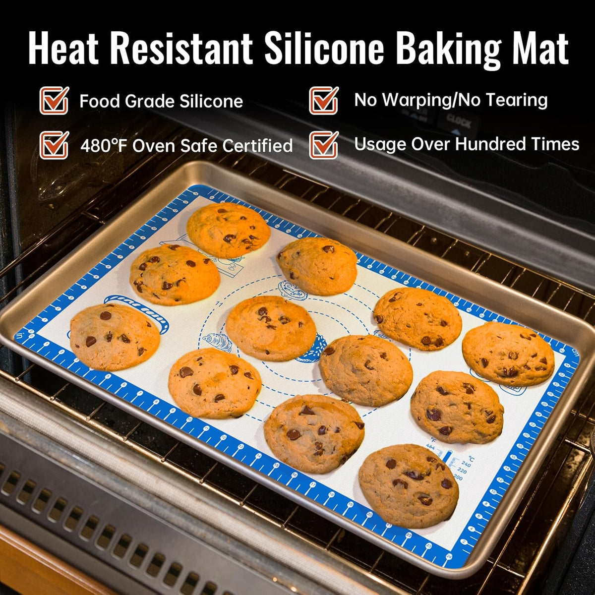 Silicone Baking Mat with 10 Recipes, Extra Thick Silicone Mats for Baking, Non Stick Pastry Mat,Reusable kneading Dough Rolling Mat for Cookie, Macaron, Bread, Pizza