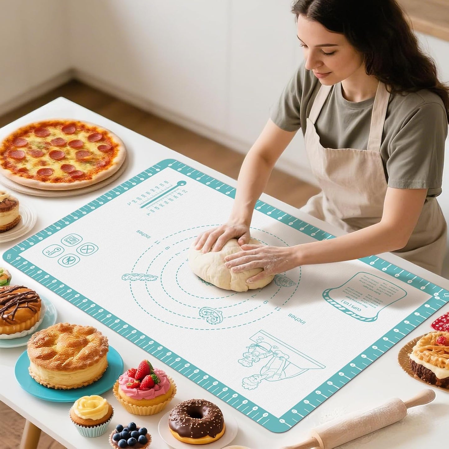 Silicone Baking Mat with 10 Recipes, Extra Thick Silicone Mats for Baking, Non Stick Pastry Mat,Reusable kneading Dough Rolling Mat for Cookie, Macaron, Bread, Pizza