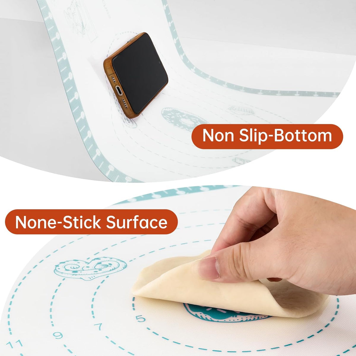 Silicone Baking Mat with 10 Recipes, Extra Thick Silicone Mats for Baking, Non Stick Pastry Mat,Reusable kneading Dough Rolling Mat for Cookie, Macaron, Bread, Pizza
