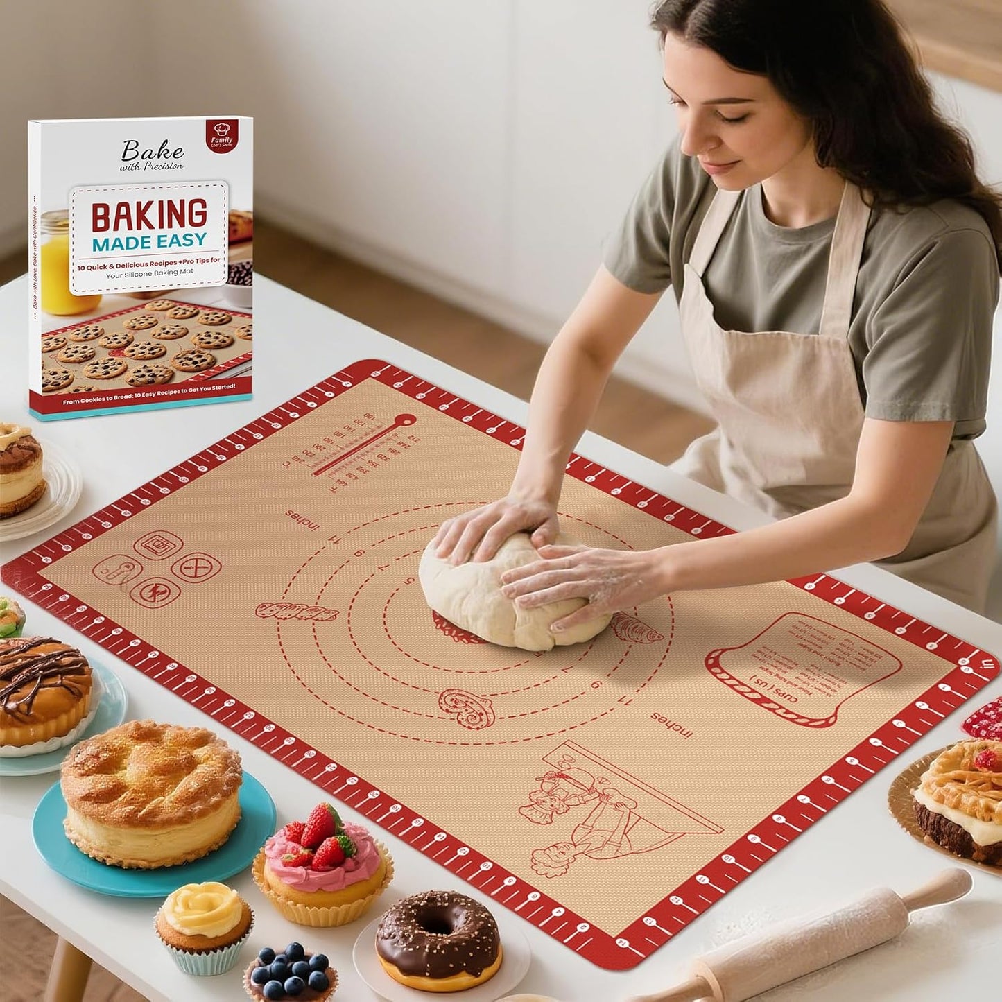 Silicone Baking Mat with 10 Recipes, Extra Thick Silicone Mats for Baking, Non Stick Pastry Mat,Reusable kneading Dough Rolling Mat for Cookie, Macaron, Bread, Pizza