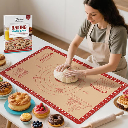Silicone Baking Mat with 10 Recipes, Extra Thick Silicone Mats for Baking, Non Stick Pastry Mat,Reusable kneading Dough Rolling Mat for Cookie, Macaron, Bread, Pizza